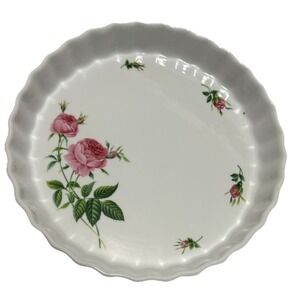 Pretty Pink Rose 9.5 Porcelain Fluted Quiche Tart Dish Christineholm VTG Cottage